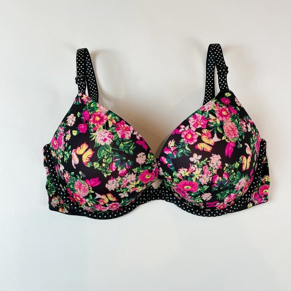 NWOT Victoria's Secret Bra 34D Push-Up Black Floral Polka Dot B982 - Picture 1 of 8